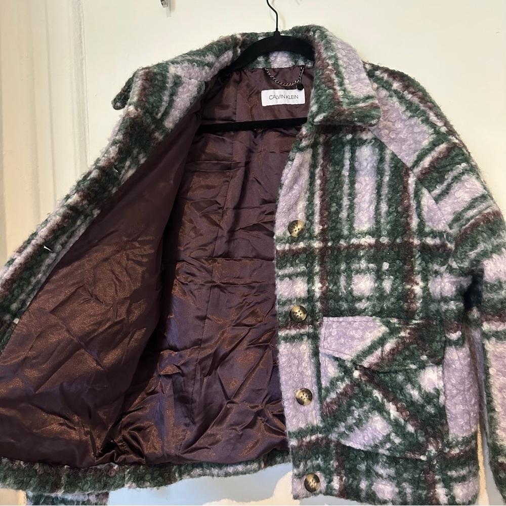 Calvin Klein Plaid Wool Blend Jacket Shacket Green Lavender Cozy Button Front M - Picture 4 of 9
